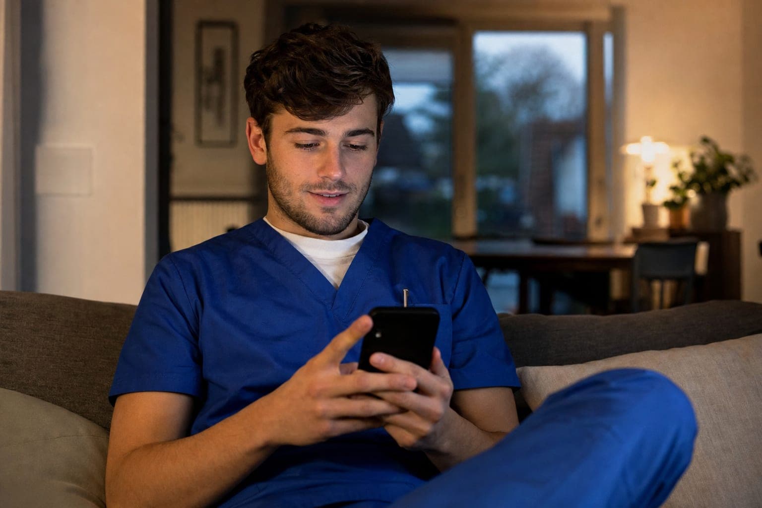 Fachkraft zuhause auf dem Sofa mit dem Telefon in der Hand