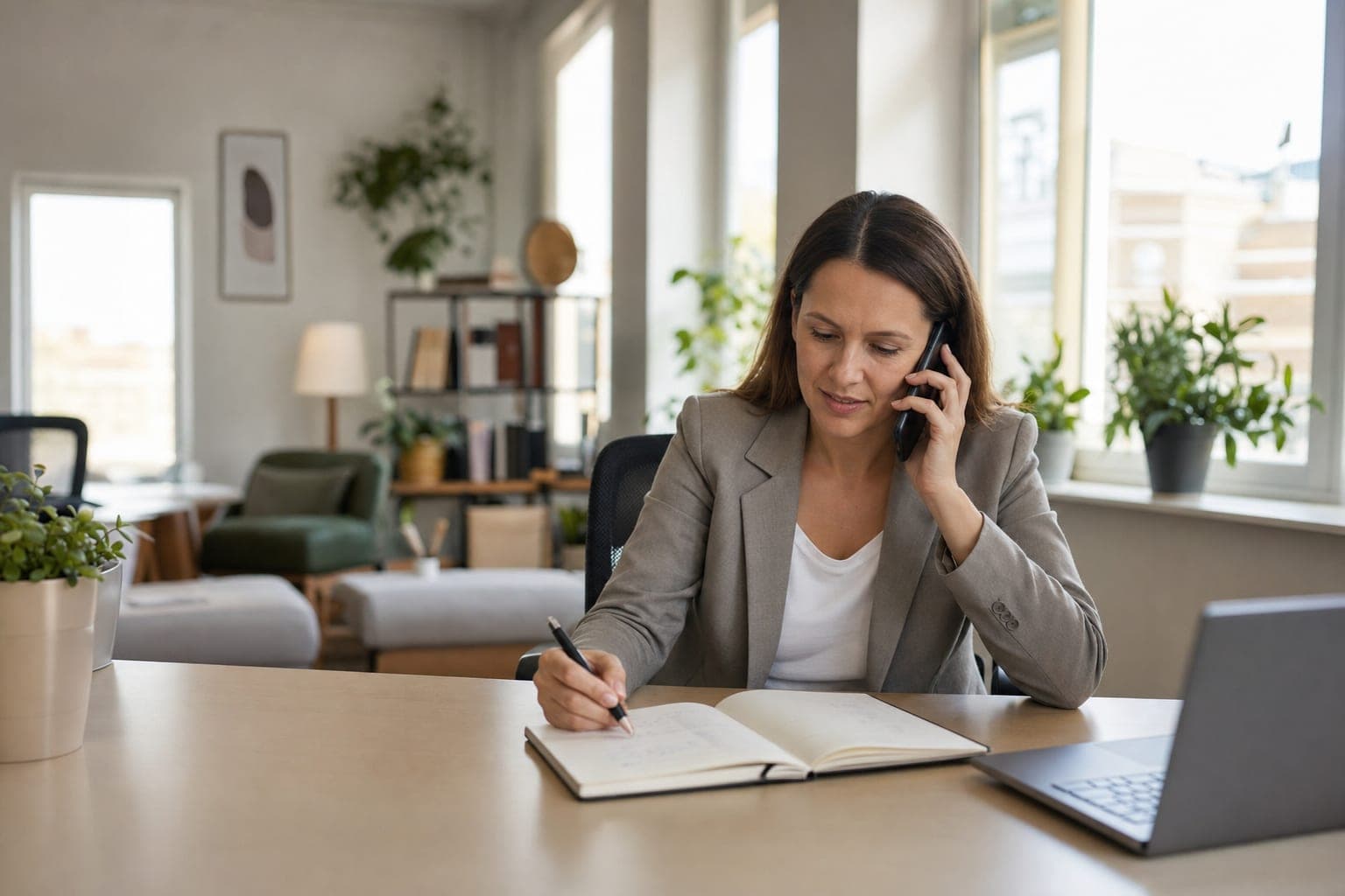 Recruiterin im Telefonat mit Notizblock am Schreibtisch